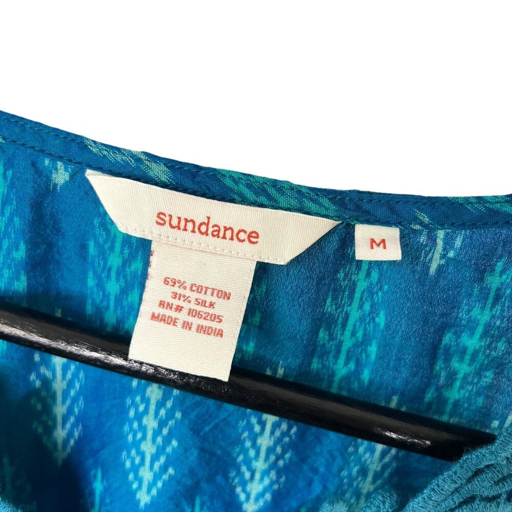 Sundance Blue Boho Print Embroidered Long Sleeve Top Cotton Silk Blend Medium - Picture 4 of 7
